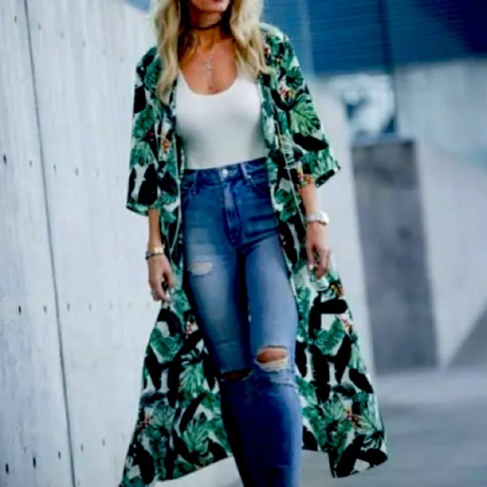 NWT Rachel Zoe Curateur Box of Style Green Palm Print Duster Kimomo Cover Up OS